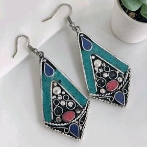 Vintage Tibetan Style Inlay Dangle Earrings Turquoise Coral Lapis Ethnic Boho
